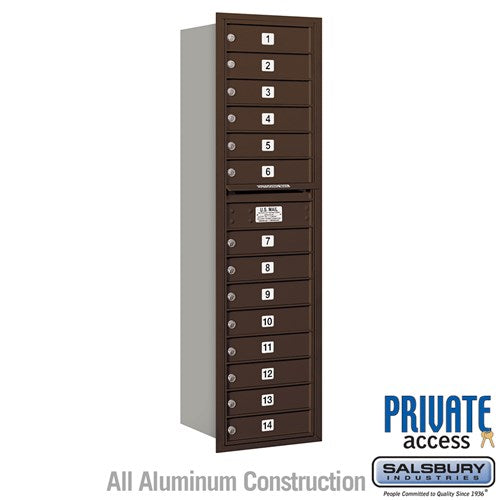 Salsbury Maximum Height Recessed Mounted 4C Horizontal Mailbox with 14 Doors in Bronze with Private Access - Rear Loading - Sweatfully