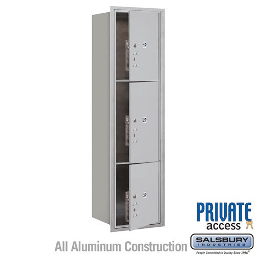 Salsbury Maximum Height Recessed Mounted 4C Horizontal Parcel Locker with 3 Parcel Lockers in Aluminum with Private Access - Front Loading - Sweatfully