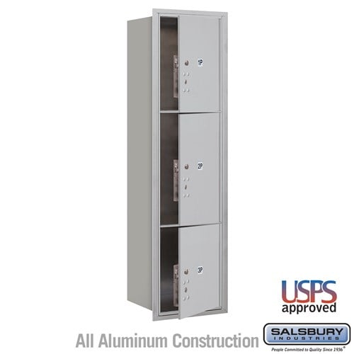 Salsbury Maximum Height Recessed Mounted 4C Horizontal Parcel Locker with 3 Parcel Lockers in Aluminum with USPS Access - Front Loading - Sweatfully