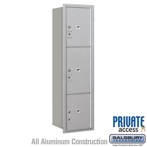 Salsbury Maximum Height Recessed Mounted 4C Horizontal Parcel Locker with 3 Parcel Lockers in Aluminum with Private Access - Rear Loading - Sweatfully