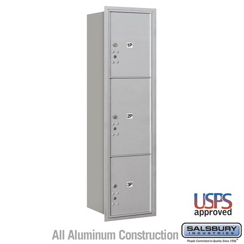 Salsbury Maximum Height Recessed Mounted 4C Horizontal Parcel Locker with 3 Parcel Lockers in Aluminum with USPS Access - Rear Loading - Sweatfully