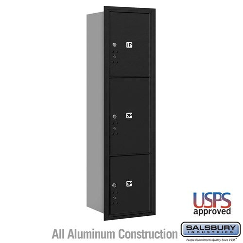 Salsbury Maximum Height Recessed Mounted 4C Horizontal Parcel Locker with 3 Parcel Lockers in Black with USPS Access - Rear Loading - Sweatfully