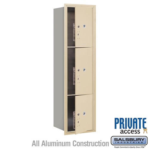 Salsbury Maximum Height Recessed Mounted 4C Horizontal Parcel Locker with 3 Parcel Lockers in Sandstone with Private Access - Front Loading - Sweatfully