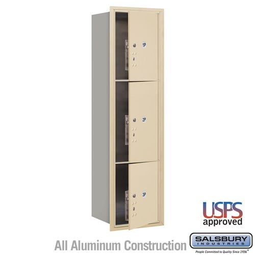Salsbury Maximum Height Recessed Mounted 4C Horizontal Parcel Locker with 3 Parcel Lockers in Sandstone with USPS Access - Front Loading - Sweatfully