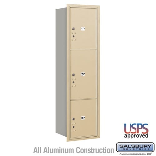Salsbury Maximum Height Recessed Mounted 4C Horizontal Parcel Locker with 3 Parcel Lockers in Sandstone with USPS Access - Rear Loading - Sweatfully