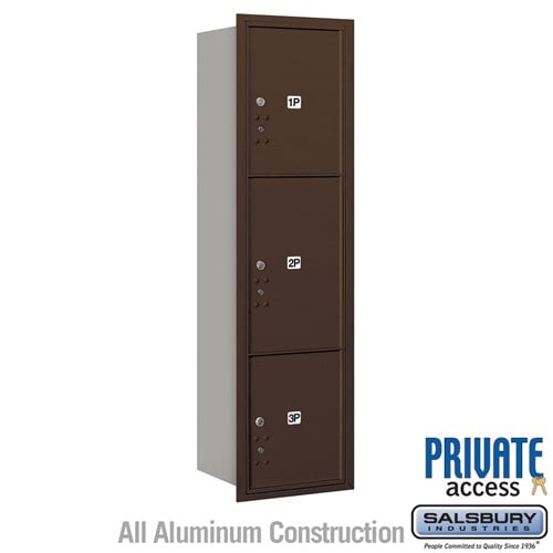 Salsbury Maximum Height Recessed Mounted 4C Horizontal Parcel Locker with 3 Parcel Lockers in Bronze with Private Access - Rear Loading - Sweatfully