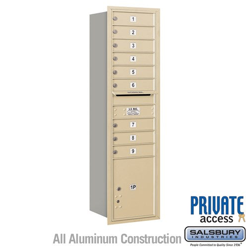 Salsbury Maximum Height Recessed Mounted 4C Horizontal Mailbox with 9 Doors and 1 Parcel Locker in Sandstone with Private Access - Rear Loading - Sweatfully