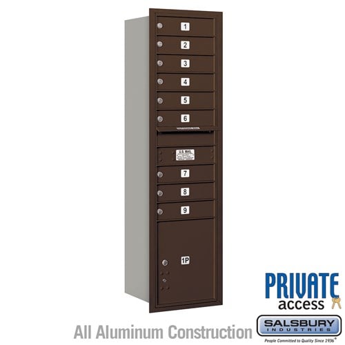 Salsbury Maximum Height Recessed Mounted 4C Horizontal Mailbox with 9 Doors and 1 Parcel Locker in Bronze with Private Access - Rear Loading - Sweatfully
