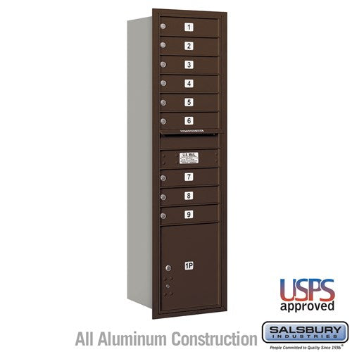 Salsbury Maximum Height Recessed Mounted 4C Horizontal Mailbox with 9 Doors and 1 Parcel Locker in Bronze with USPS Access - Rear Loading - Sweatfully