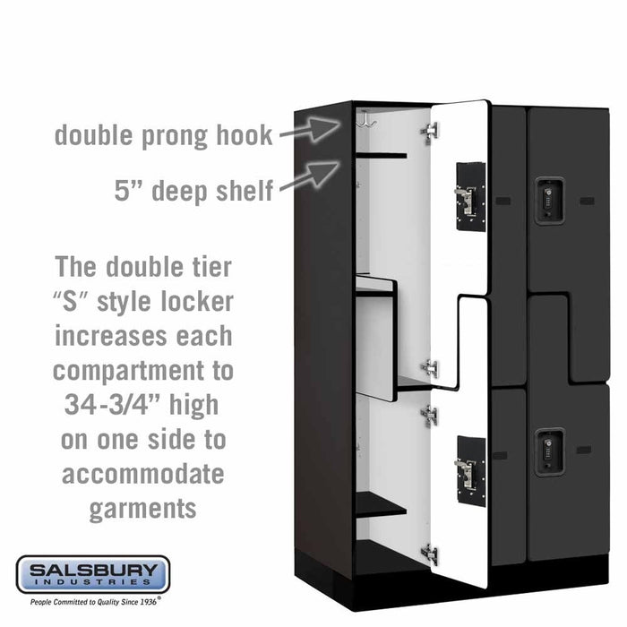 Salsbury 12" Wide Double Tier 'S' Style Designer Wood Locker - 3 Wide - 5 Feet High - 21 Inches Deep - Black - Black Resettable Combination Locks - Sweatfully