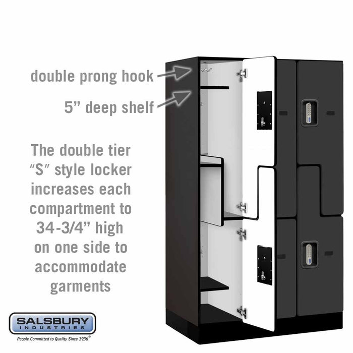 Salsbury 12" Wide Double Tier 'S' Style Designer Wood Locker - 3 Wide - 5 Feet High - 21 Inches Deep - Black - Silver Electronic Locks - Sweatfully