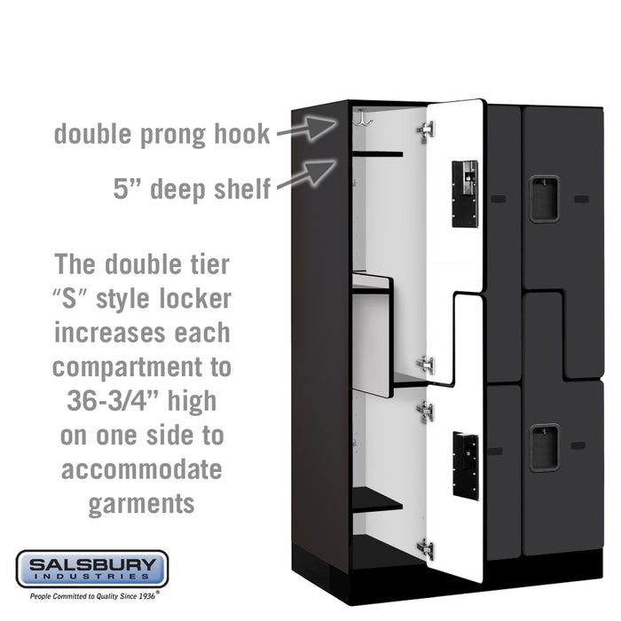 Salsbury 12" Wide Double Tier 'S' Style Designer Wood Locker - 3 Wide - 5 Feet High - 21 Inches Deep - Black - Hasps - Sweatfully