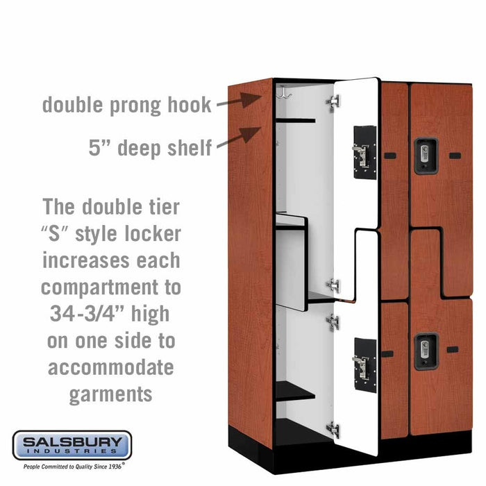 Salsbury 12" Wide Double Tier 'S' Style Designer Wood Locker - 3 Wide - 5 Feet High - 21 Inches Deep - Cherry - Silver Resettable Combination Locks - Sweatfully