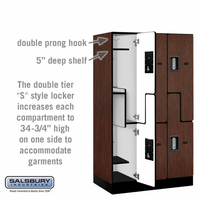 Salsbury 12" Wide Double Tier 'S' Style Designer Wood Locker - 3 Wide - 5 Feet High - 21 Inches Deep - Mahogany - Silver Electronic Locks - Sweatfully