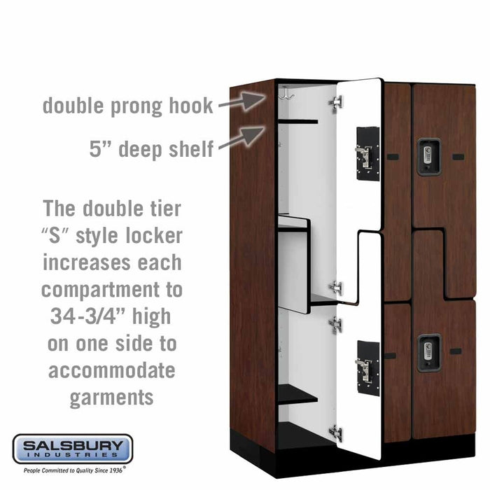 Salsbury 12" Wide Double Tier 'S' Style Designer Wood Locker - 3 Wide - 5 Feet High - 21 Inches Deep - Mahogany - Silver Resettable Combination Locks - Sweatfully