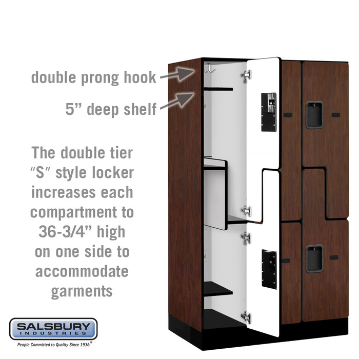 Salsbury 12" Wide Double Tier 'S' Style Designer Wood Locker - 3 Wide - 5 Feet High - 21 Inches Deep - Mahogany - Hasps - Sweatfully