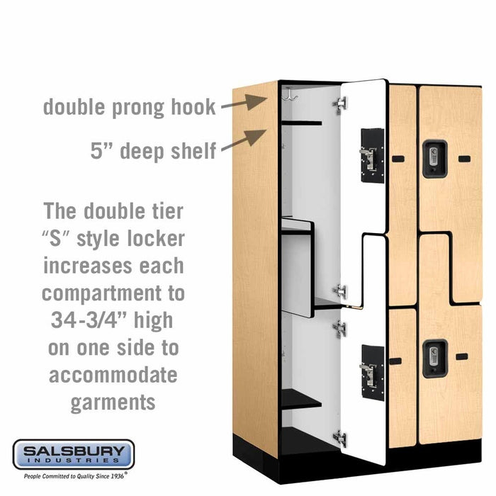 Salsbury 12" Wide Double Tier 'S' Style Designer Wood Locker - 3 Wide - 5 Feet High - 21 Inches Deep - Maple - Silver Resettable Combination Locks - Sweatfully