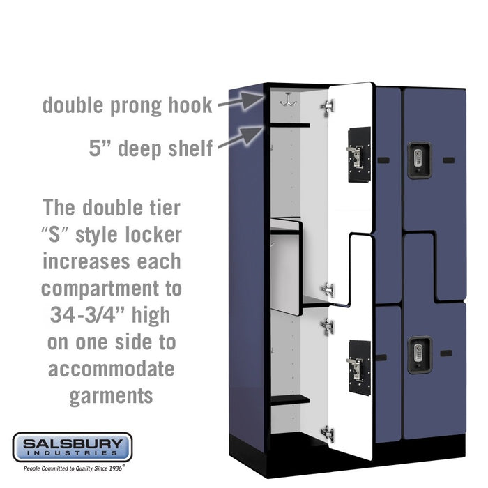 Salsbury 12" Wide Double Tier 'S' Style Designer Wood Locker - 3 Wide - 5 Feet High - 15 Inches Deep - Blue - Silver Resettable Combination Locks - Sweatfully
