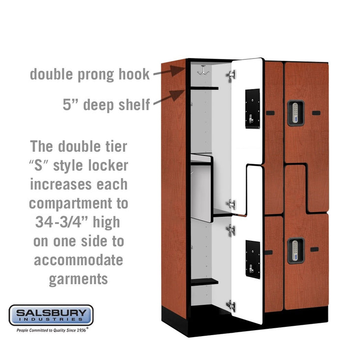 Salsbury 12" Wide Double Tier 'S' Style Designer Wood Locker - 3 Wide - 5 Feet High - 15 Inches Deep - Cherry - Silver Electronic Locks - Sweatfully