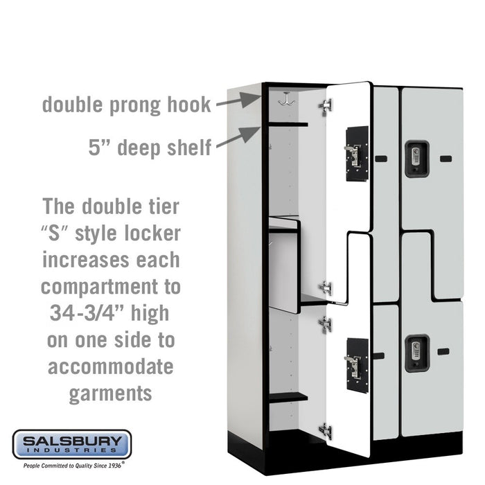 Salsbury 12" Wide Double Tier 'S' Style Designer Wood Locker - 3 Wide - 5 Feet High - 15 Inches Deep - Gray - Silver Resettable Combination Locks - Sweatfully