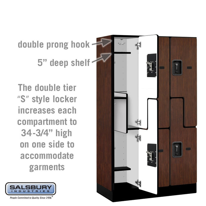 Salsbury 12" Wide Double Tier 'S' Style Designer Wood Locker - 3 Wide - 5 Feet High - 15 Inches Deep - Mahogany - Black Resettable Combination Locks - Sweatfully