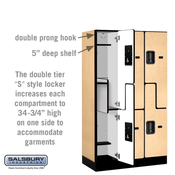 Salsbury 12" Wide Double Tier 'S' Style Designer Wood Locker - 3 Wide - 5 Feet High - 15 Inches Deep - Maple - Black Electronic Locks - Sweatfully