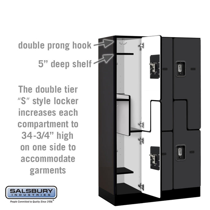 Salsbury 12" Wide Double Tier 'S' Style Designer Wood Locker - 3 Wide - 5 Feet High - 18 Inches Deep - Black - Silver Resettable Combination Locks - Sweatfully
