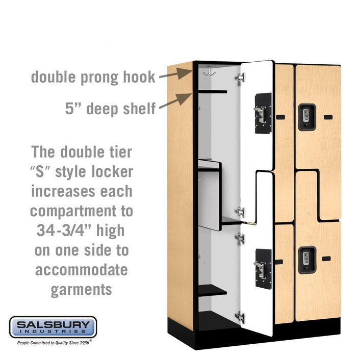 Salsbury 12" Wide Double Tier 'S' Style Designer Wood Locker - 3 Wide - 5 Feet High - 18 Inches Deep - Maple - Silver Resettable Combination Locks - Sweatfully