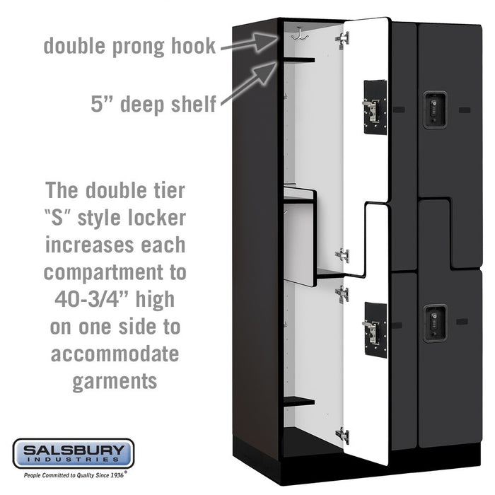 Salsbury 12" Wide Double Tier 'S' Style Designer Wood Locker - 3 Wide - 6 Feet High - 21 Inches Deep - Black - Black Resettable Combination Locks - Sweatfully