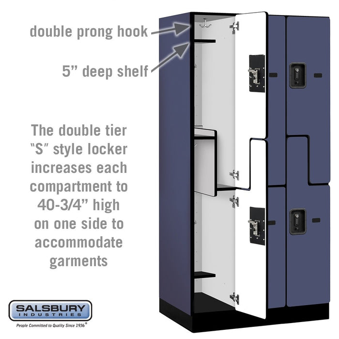 Salsbury 12" Wide Double Tier 'S' Style Designer Wood Locker - 3 Wide - 6 Feet High - 21 Inches Deep - Blue - Black Resettable Combination Locks - Sweatfully
