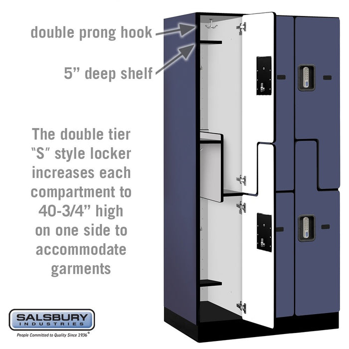 Salsbury 12" Wide Double Tier 'S' Style Designer Wood Locker - 3 Wide - 6 Feet High - 21 Inches Deep - Blue - Silver Electronic Locks - Sweatfully
