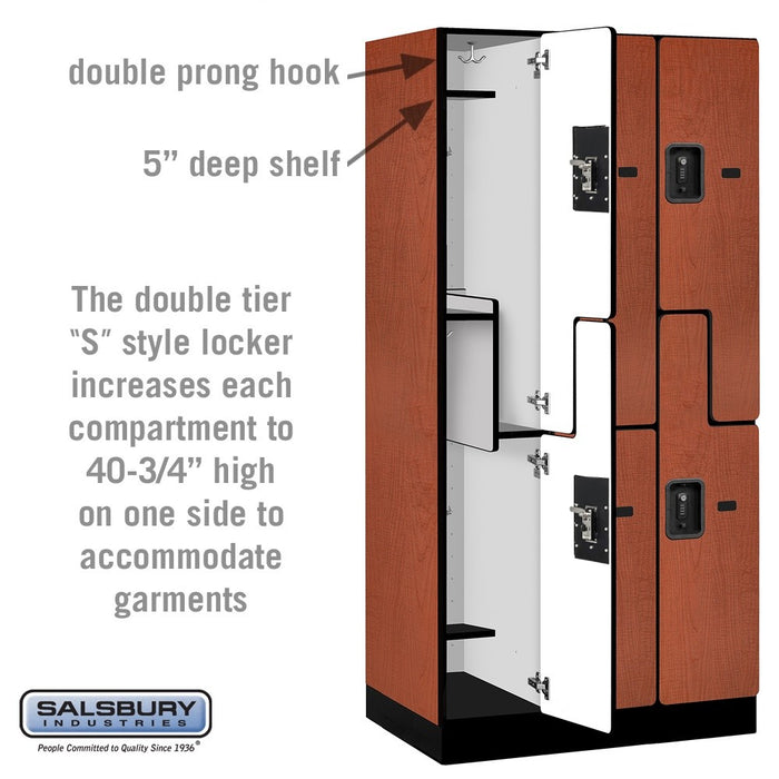 Salsbury 12" Wide Double Tier 'S' Style Designer Wood Locker - 3 Wide - 6 Feet High - 21 Inches Deep - Cherry - Black Resettable Combination Locks - Sweatfully