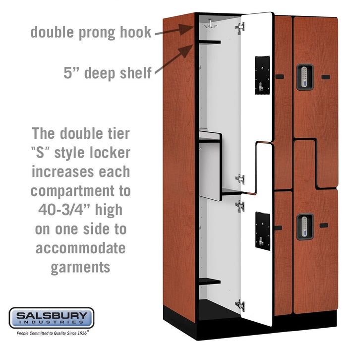 Salsbury 12" Wide Double Tier 'S' Style Designer Wood Locker - 3 Wide - 6 Feet High - 21 Inches Deep - Cherry - Silver Electronic Locks - Sweatfully