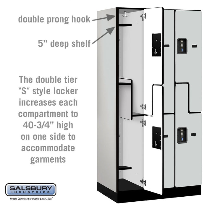 Salsbury 12" Wide Double Tier 'S' Style Designer Wood Locker - 3 Wide - 6 Feet High - 21 Inches Deep - Gray - Black Electronic Locks - Sweatfully