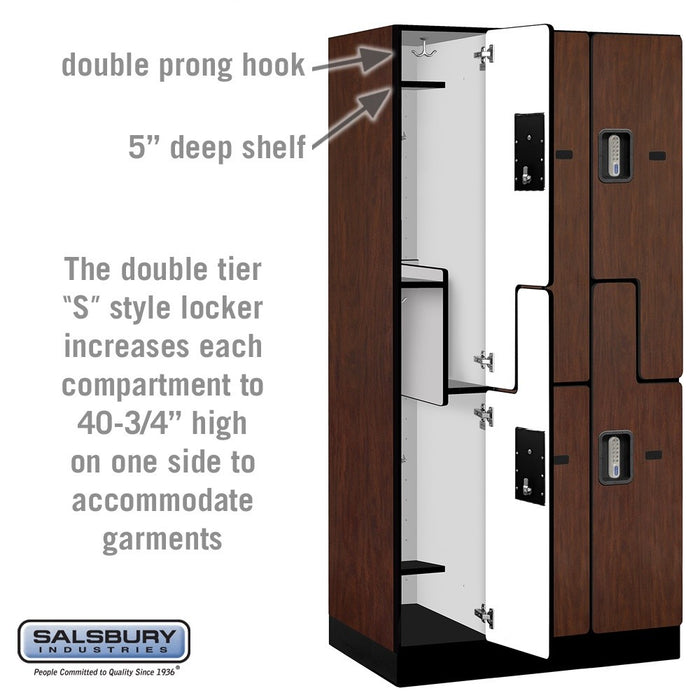 Salsbury 12" Wide Double Tier 'S' Style Designer Wood Locker - 3 Wide - 6 Feet High - 21 Inches Deep - Mahogany - Silver Electronic Locks - Sweatfully