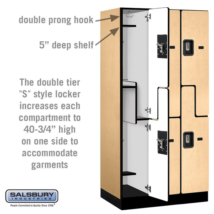 Salsbury 12" Wide Double Tier 'S' Style Designer Wood Locker - 3 Wide - 6 Feet High - 21 Inches Deep - Maple - Silver Resettable Combination Locks - Sweatfully