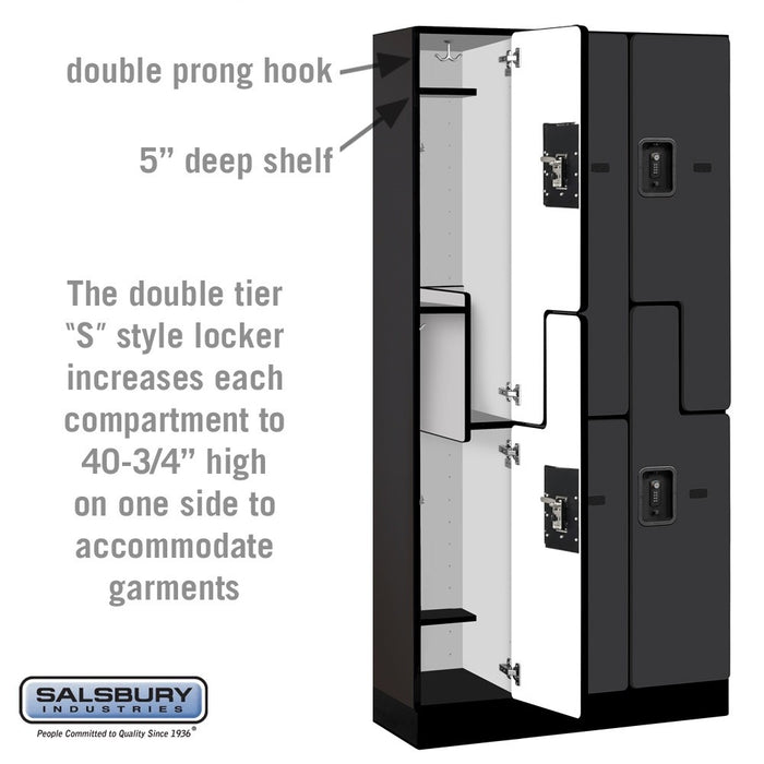 Salsbury 12" Wide Double Tier 'S' Style Designer Wood Locker - 3 Wide - 6 Feet High - 15 Inches Deep - Black - Black Resettable Combination Locks - Sweatfully