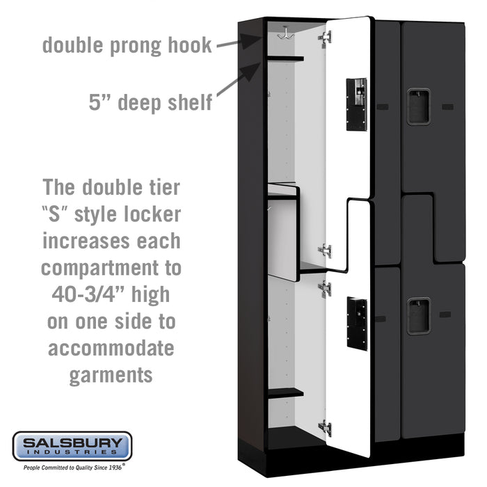 Salsbury 12" Wide Double Tier 'S' Style Designer Wood Locker - 3 Wide - 6 Feet High - 15 Inches Deep - Black - Hasps - Sweatfully