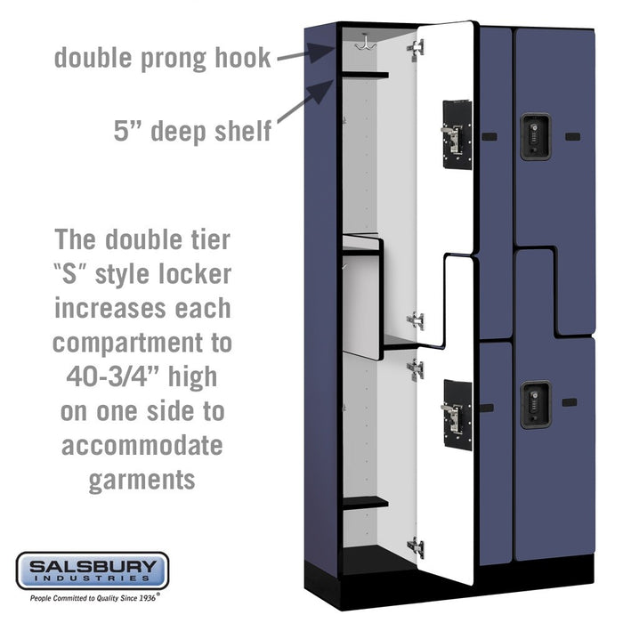 Salsbury 12" Wide Double Tier 'S' Style Designer Wood Locker - 3 Wide - 6 Feet High - 15 Inches Deep - Blue - Black Resettable Combination Locks - Sweatfully