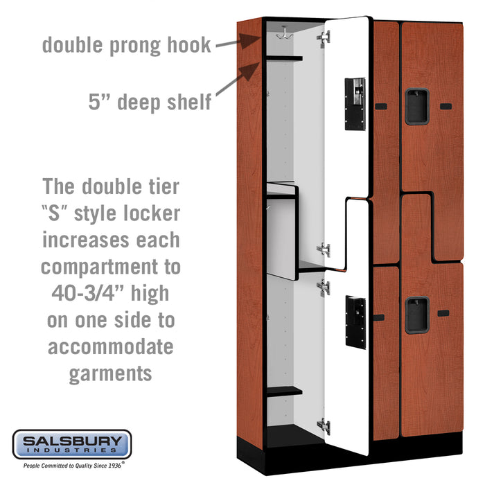 Salsbury 12" Wide Double Tier 'S' Style Designer Wood Locker - 3 Wide - 6 Feet High - 15 Inches Deep - Cherry - Hasps - Sweatfully