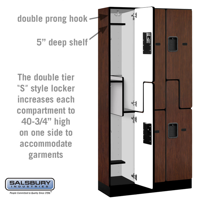 Salsbury 12" Wide Double Tier 'S' Style Designer Wood Locker - 3 Wide - 6 Feet High - 15 Inches Deep - Mahogany - Hasps - Sweatfully