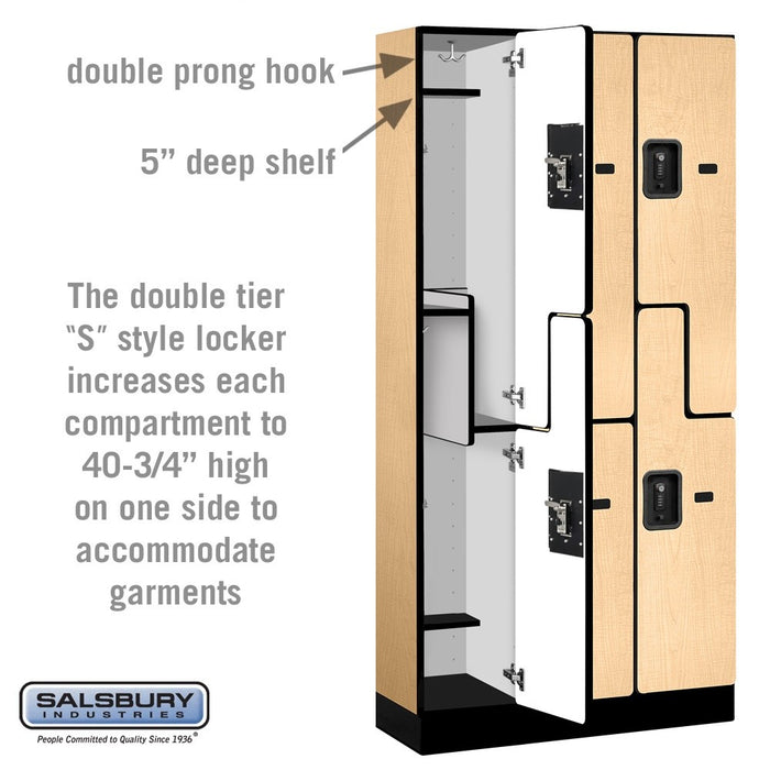 Salsbury 12" Wide Double Tier 'S' Style Designer Wood Locker - 3 Wide - 6 Feet High - 15 Inches Deep - Maple - Black Resettable Combination Locks - Sweatfully