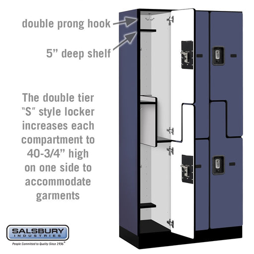 Salsbury 12" Wide Double Tier 'S' Style Designer Wood Locker - 3 Wide - 6 Feet High - 18 Inches Deep - Blue - Silver Resettable Combination Locks - Sweatfully