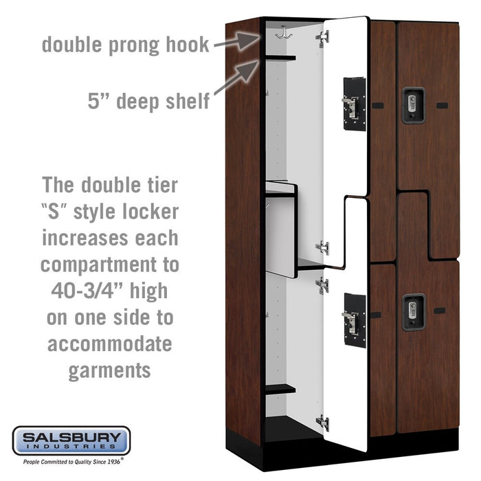 Salsbury 12" Wide Double Tier 'S' Style Designer Wood Locker - 3 Wide - 6 Feet High - 18 Inches Deep - Mahogany - Silver Resettable Combination Locks - Sweatfully