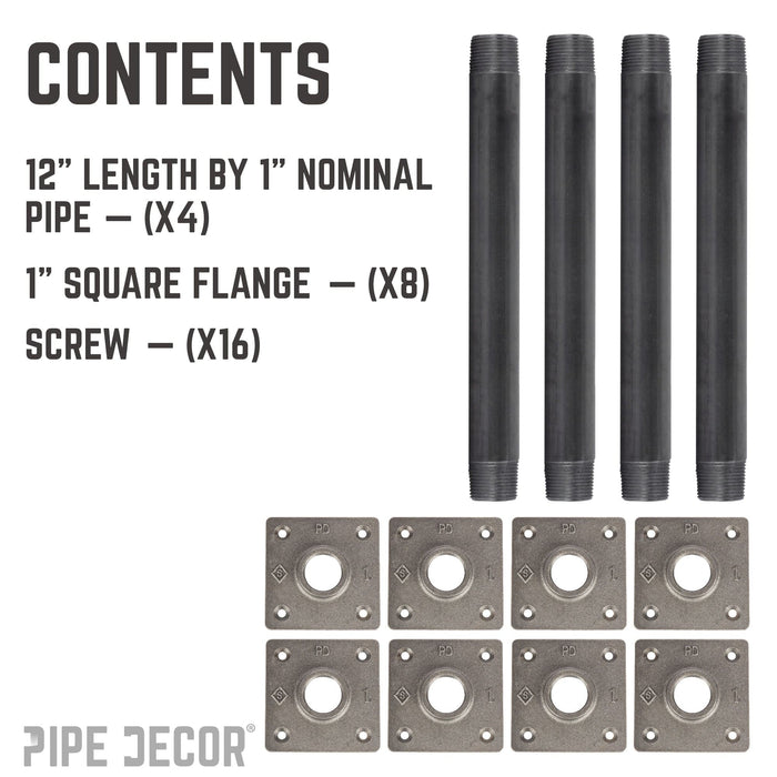 1 in. x 12 in. Square Flange Pipe Table Legs - 4 Pack - Sweatfully