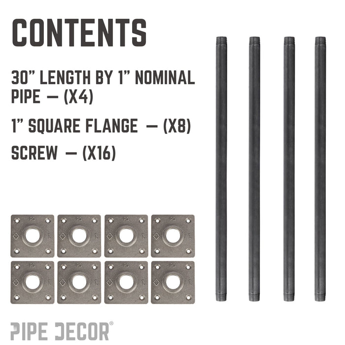 1 in. x 30 in. Square Flange Pipe Table Legs - 4 Pack - Sweatfully