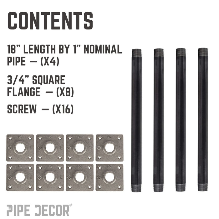 3/4 in. x 18 in. Square Flange Pipe Table Legs - 4 Pack - Sweatfully