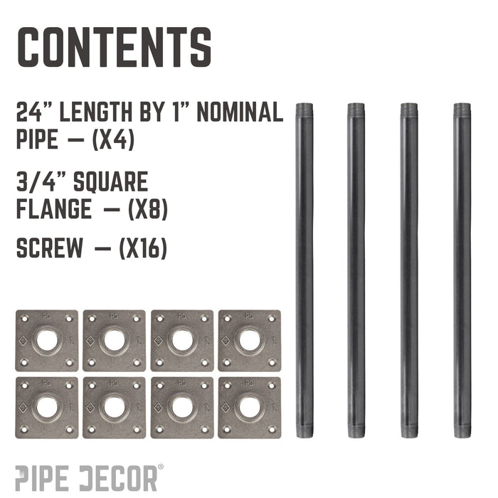 3/4 in. x 24 in. Square Flange Pipe Table Legs - 4 Pack - Sweatfully