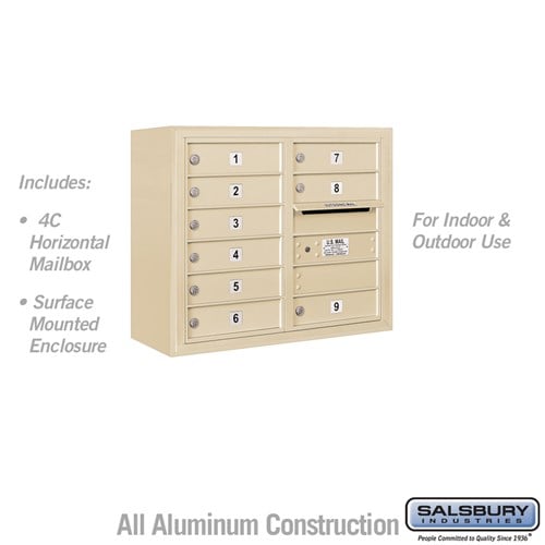 Salsbury 6 Door High Surface Mounted 4C Horizontal Mailbox with 9 Doors in Sandstone with USPS Access - Sweatfully