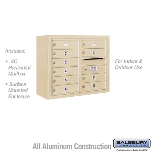 Salsbury 6 Door High Surface Mounted 4C Horizontal Mailbox with 10 Doors in Sandstone with USPS Access - Sweatfully